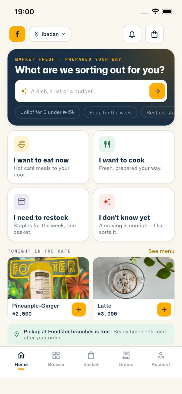 Foodster app home screen